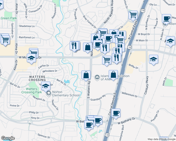 map of restaurants, bars, coffee shops, grocery stores, and more near 270 South Watters Road in Allen