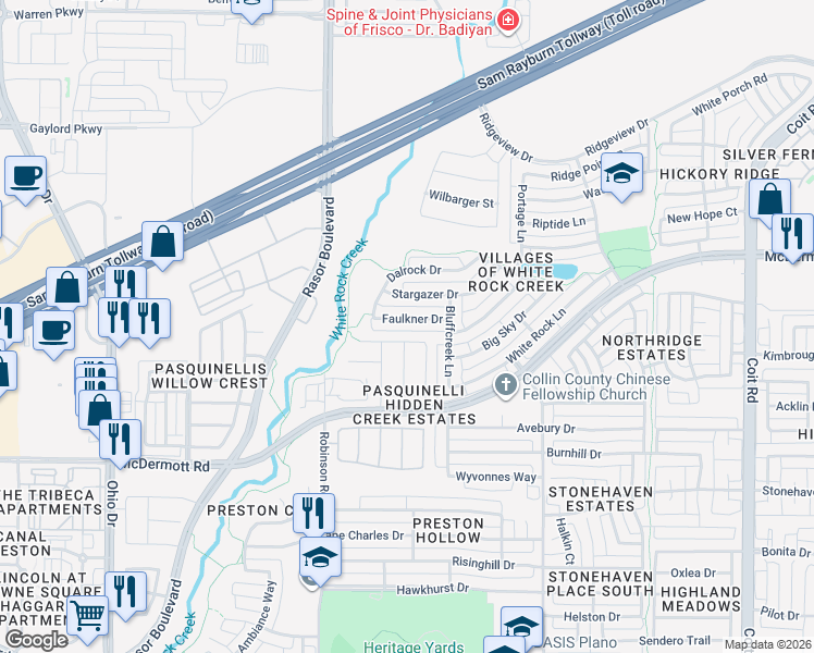 map of restaurants, bars, coffee shops, grocery stores, and more near 4613 Faulkner Drive in Plano