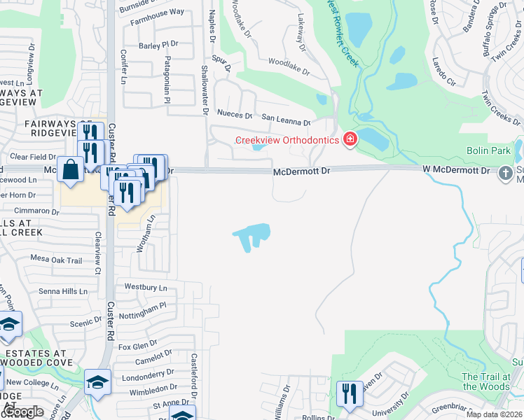 map of restaurants, bars, coffee shops, grocery stores, and more near 4 Wooded Lane in Allen