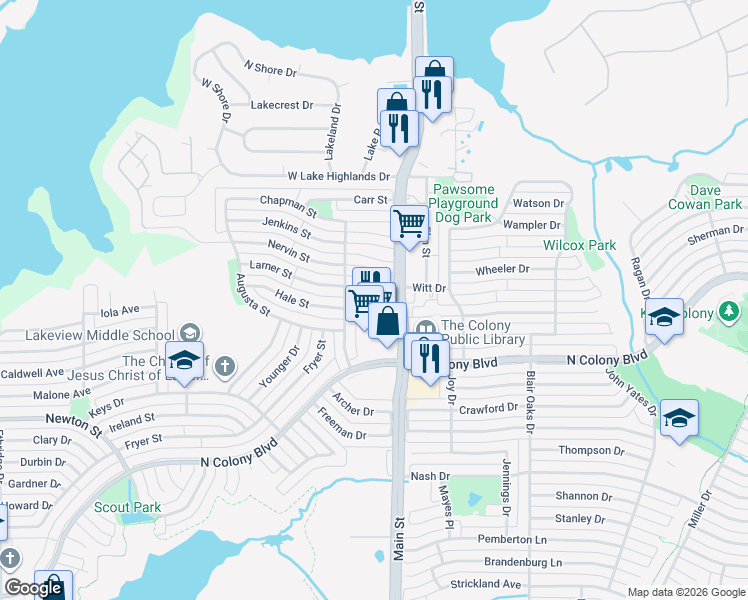 map of restaurants, bars, coffee shops, grocery stores, and more near 4615 Larner Street in The Colony