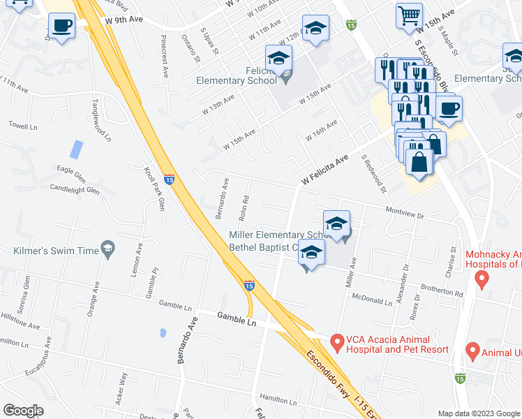 map of restaurants, bars, coffee shops, grocery stores, and more near 955 Berkshire Court in Escondido
