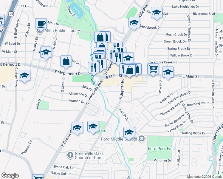 map of restaurants, bars, coffee shops, grocery stores, and more near 516 Teton Street in Allen