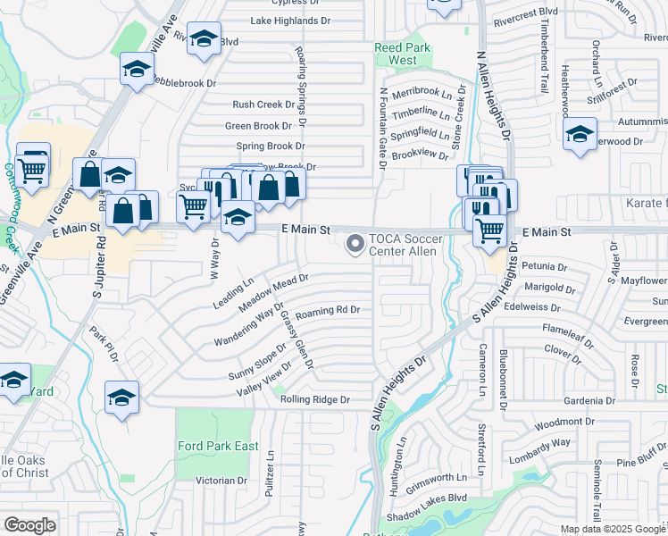 map of restaurants, bars, coffee shops, grocery stores, and more near 917 Meadow Mead Drive in Allen