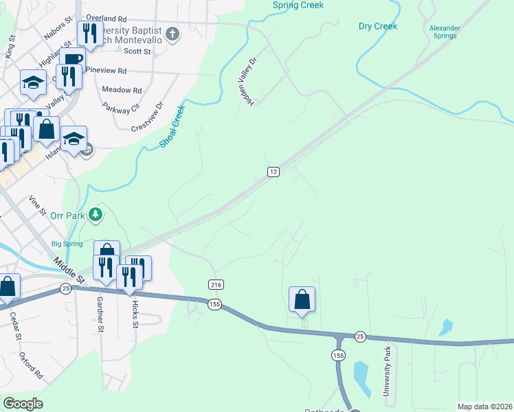 map of restaurants, bars, coffee shops, grocery stores, and more near 248 Jones Road in Montevallo