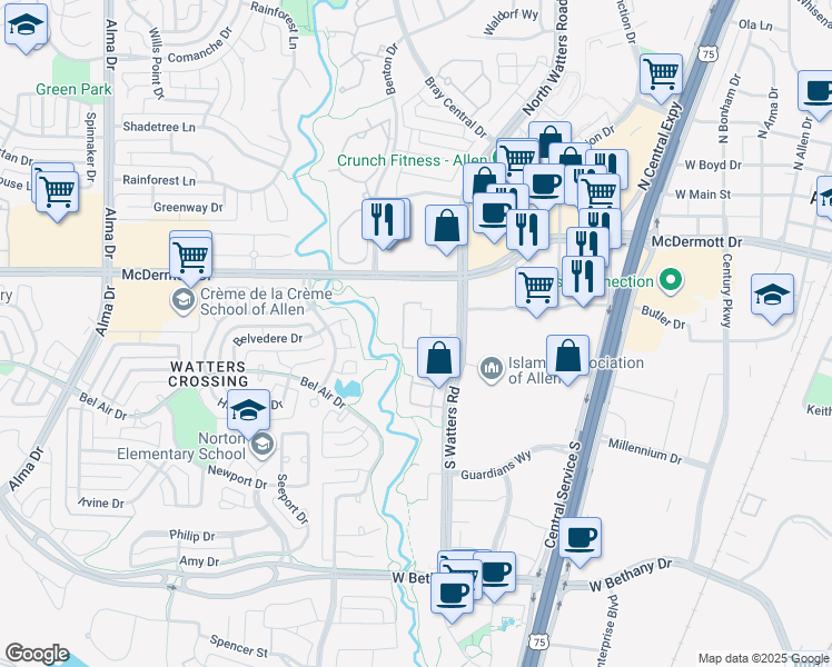 map of restaurants, bars, coffee shops, grocery stores, and more near 270 South Watters Road in Allen
