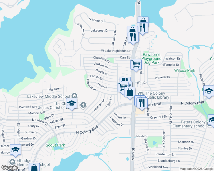 map of restaurants, bars, coffee shops, grocery stores, and more near 4444 Hale Street in The Colony