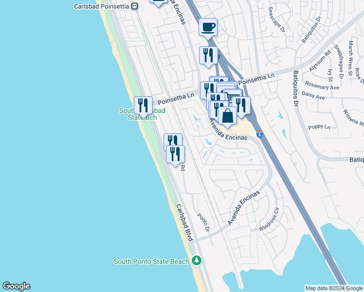 map of restaurants, bars, coffee shops, grocery stores, and more near 7067 Whitewater Street in Carlsbad