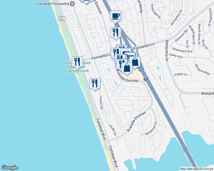 map of restaurants, bars, coffee shops, grocery stores, and more near 7213 San Luis Street in Carlsbad