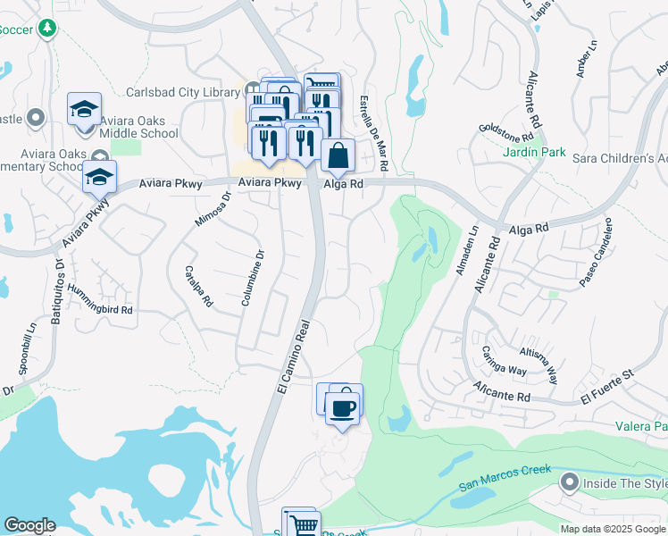map of restaurants, bars, coffee shops, grocery stores, and more near 7115 Estrella De Mar Road in Carlsbad