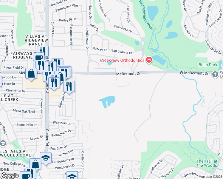 map of restaurants, bars, coffee shops, grocery stores, and more near 4 Wooded Lane in Allen
