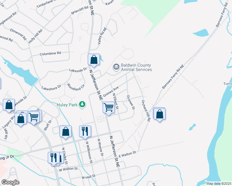 map of restaurants, bars, coffee shops, grocery stores, and more near 1209 North Elbert Street in Milledgeville