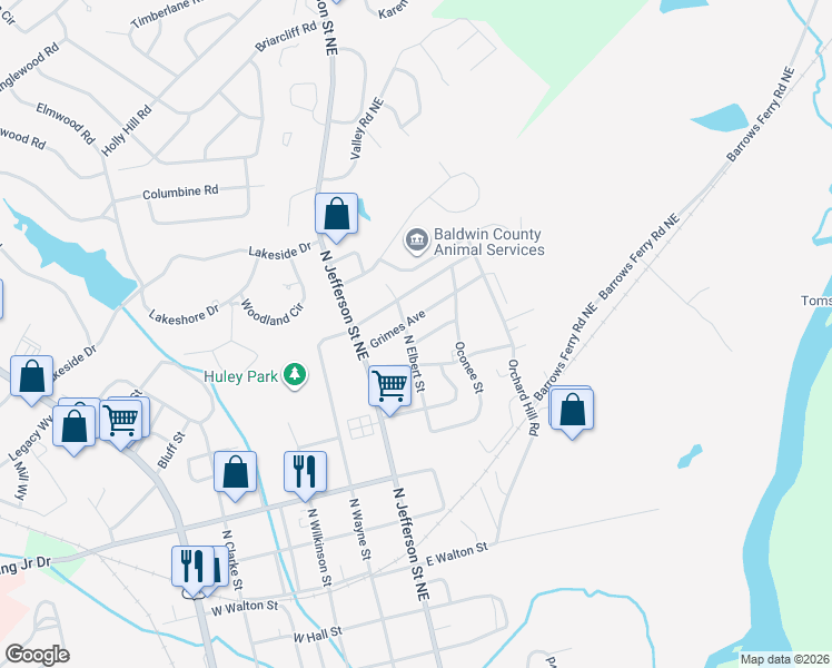 map of restaurants, bars, coffee shops, grocery stores, and more near 1209 North Elbert Street in Milledgeville