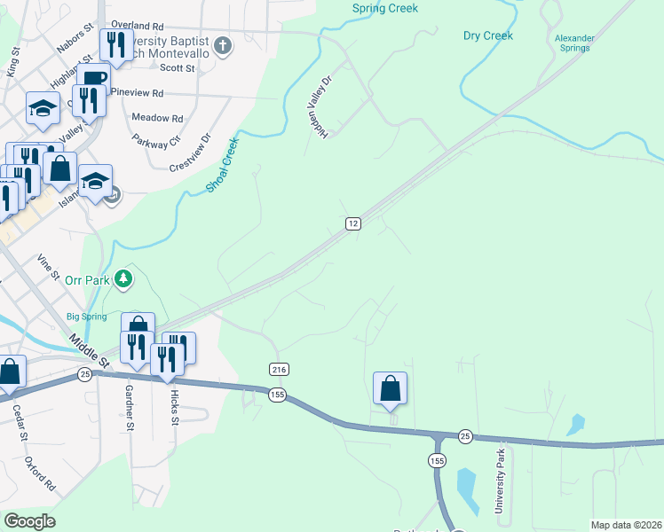 map of restaurants, bars, coffee shops, grocery stores, and more near 248 Jones Road in Montevallo