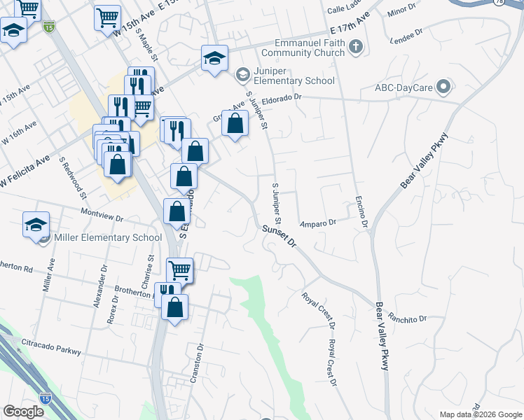 map of restaurants, bars, coffee shops, grocery stores, and more near 2132 Sunset Drive in Escondido