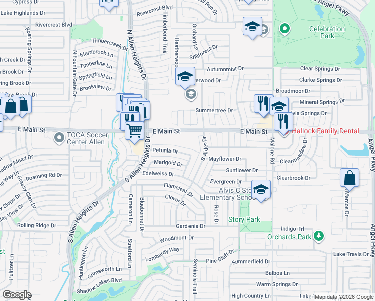 map of restaurants, bars, coffee shops, grocery stores, and more near 1413 Petunia Drive in Allen