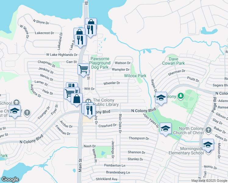 map of restaurants, bars, coffee shops, grocery stores, and more near 4905 Watkins Dr in The Colony
