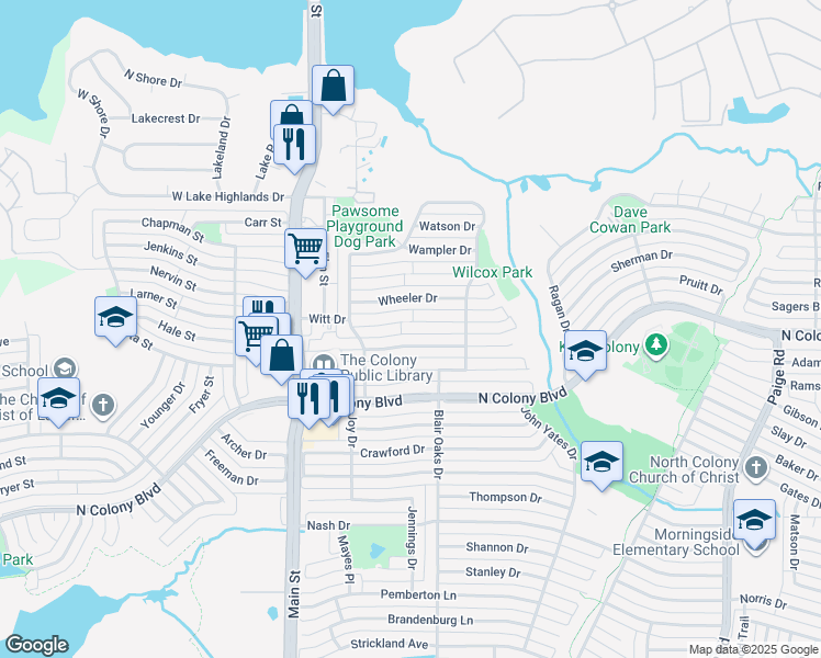 map of restaurants, bars, coffee shops, grocery stores, and more near 4905 Watkins Drive in The Colony