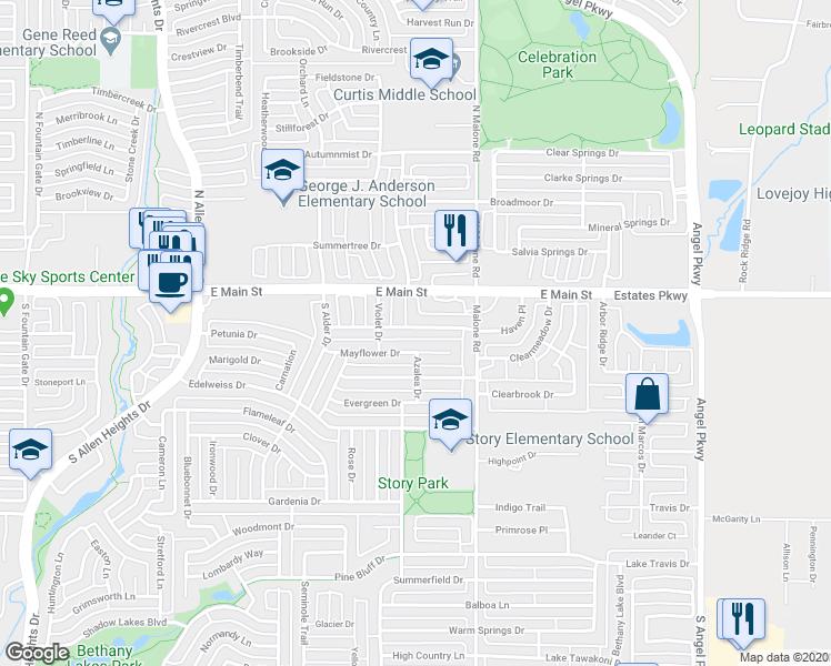 map of restaurants, bars, coffee shops, grocery stores, and more near 1530 Haven Place in Allen