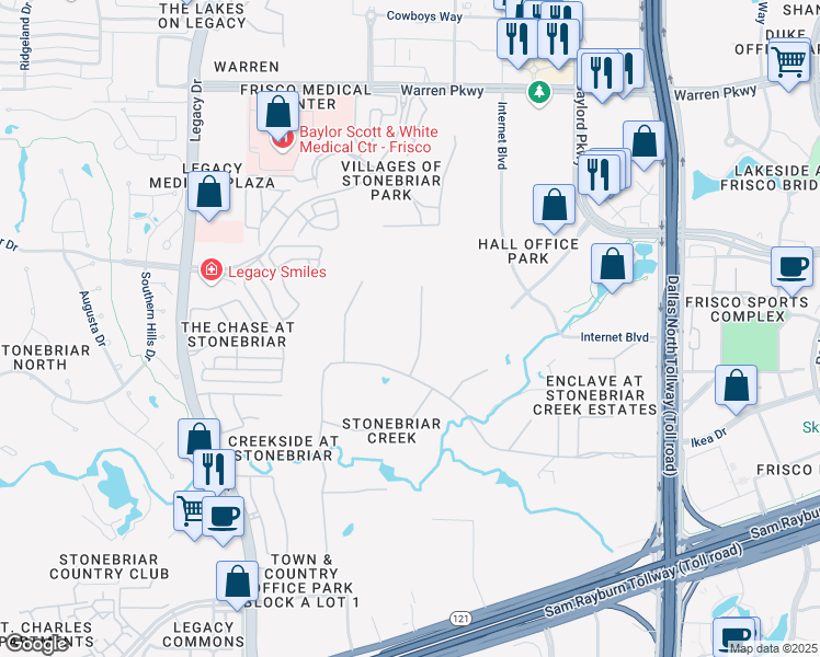 map of restaurants, bars, coffee shops, grocery stores, and more near 3 Riva Ridge in Frisco