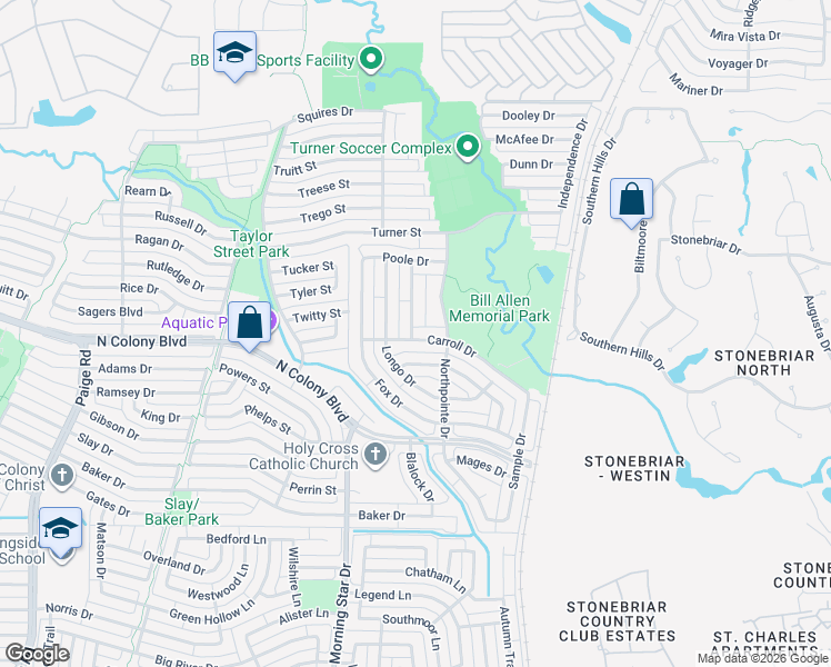map of restaurants, bars, coffee shops, grocery stores, and more near 5820 Carroll Drive in The Colony