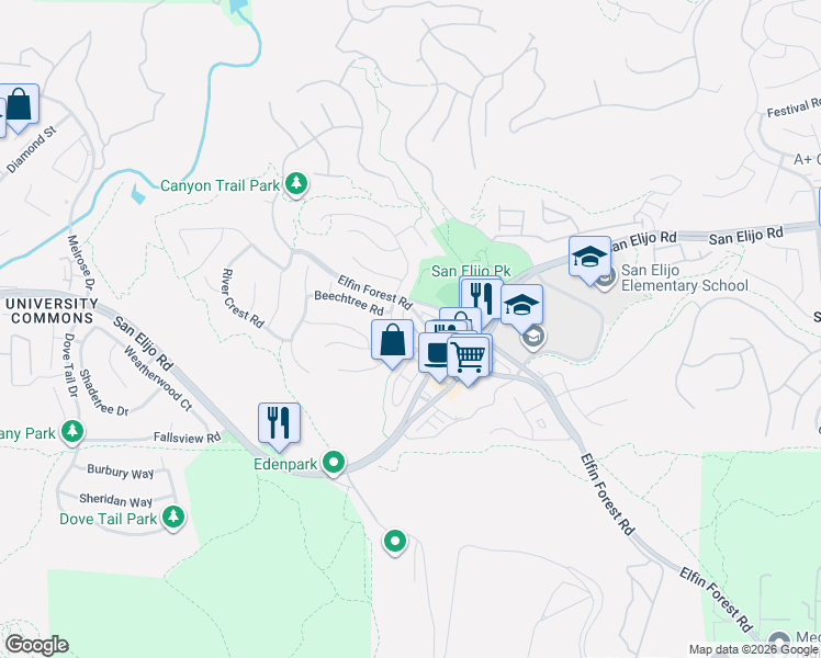 map of restaurants, bars, coffee shops, grocery stores, and more near 1101 Goddard Street in San Marcos