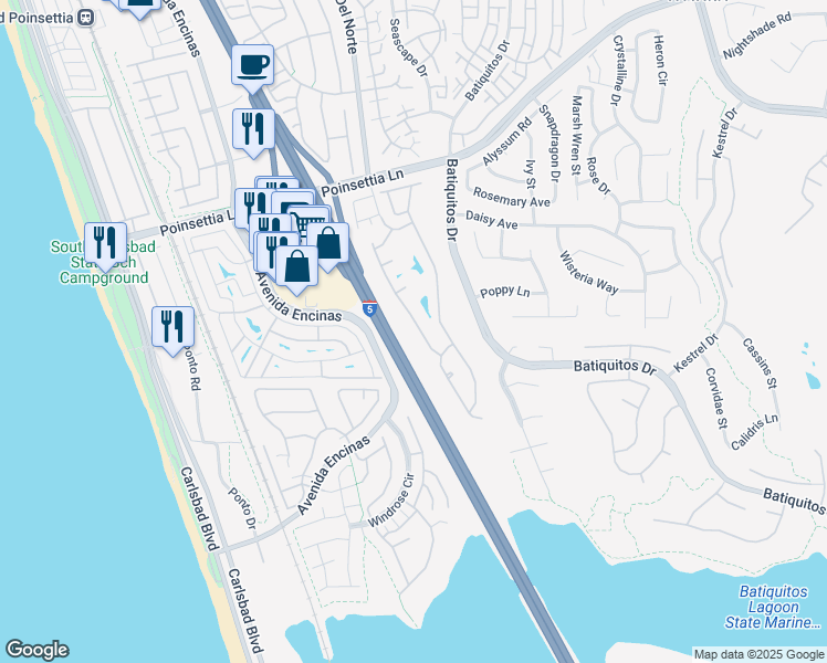 map of restaurants, bars, coffee shops, grocery stores, and more near 7219 Linden Terrace in Carlsbad