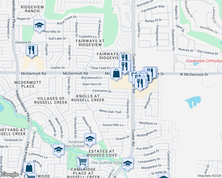 map of restaurants, bars, coffee shops, grocery stores, and more near 8808 Palacios Cove in Plano