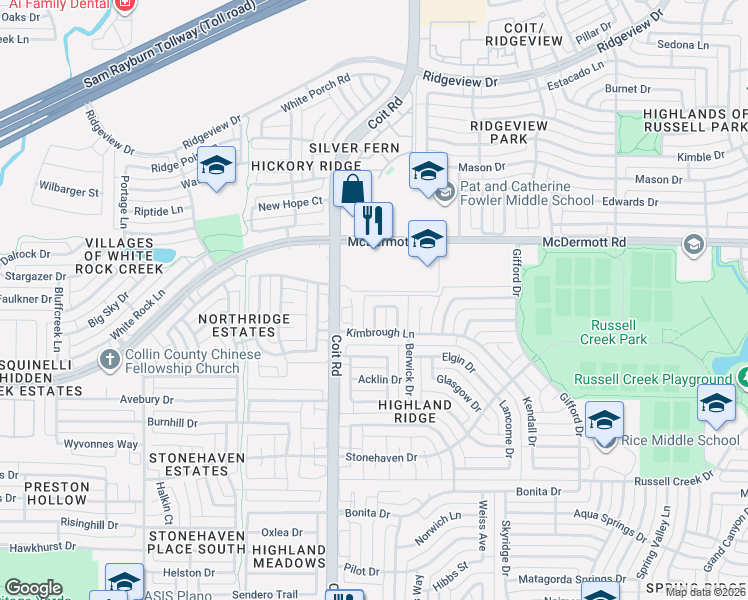 map of restaurants, bars, coffee shops, grocery stores, and more near 3913 Willomet Drive in Plano