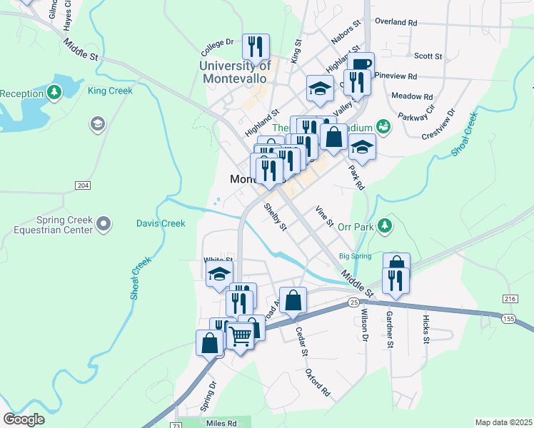 map of restaurants, bars, coffee shops, grocery stores, and more near 613 Shelby Street in Montevallo