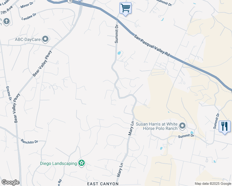 map of restaurants, bars, coffee shops, grocery stores, and more near 2412 Briarwood Court in Escondido