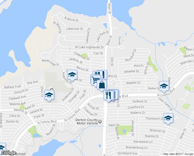map of restaurants, bars, coffee shops, grocery stores, and more near 4615 Larner Street in The Colony
