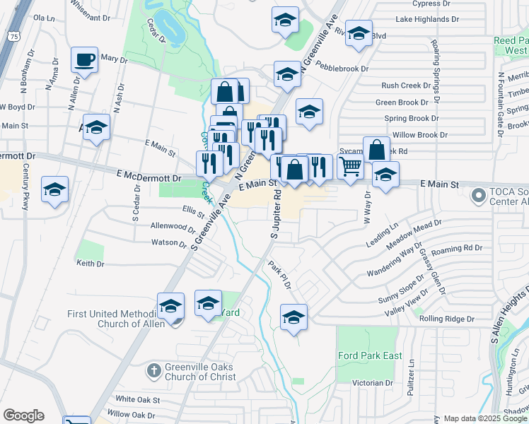 map of restaurants, bars, coffee shops, grocery stores, and more near 550 Teton Street in Allen