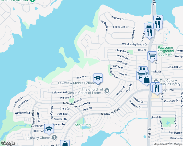 map of restaurants, bars, coffee shops, grocery stores, and more near 7104 Elliot Court in The Colony