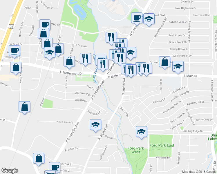 map of restaurants, bars, coffee shops, grocery stores, and more near 516 Teton Street in Allen