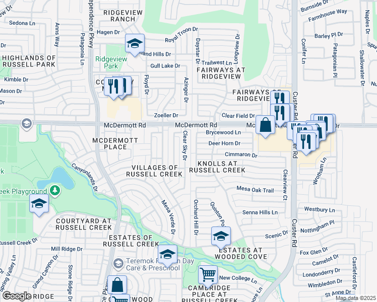 map of restaurants, bars, coffee shops, grocery stores, and more near 8824 Clear Sky Drive in Plano
