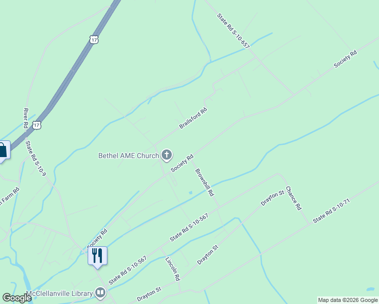 map of restaurants, bars, coffee shops, grocery stores, and more near 506 Society Road in McClellanville