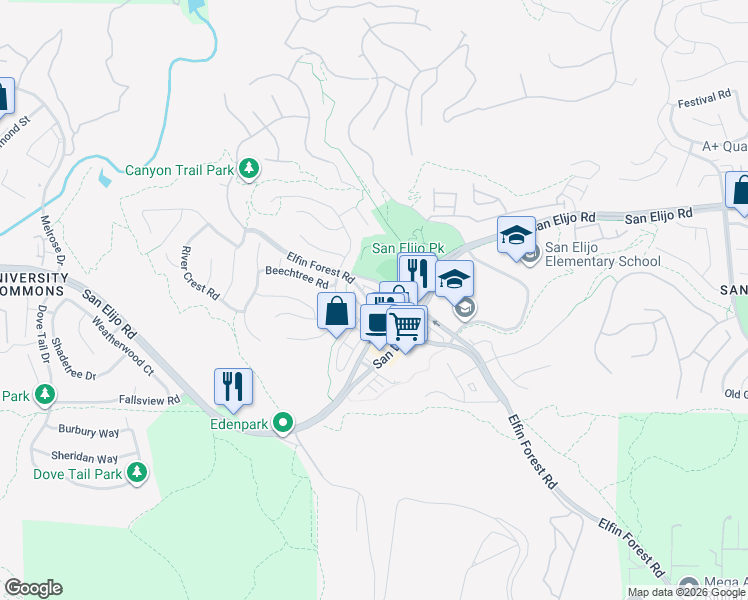 map of restaurants, bars, coffee shops, grocery stores, and more near 1166 Elfin Forest Road West in San Marcos
