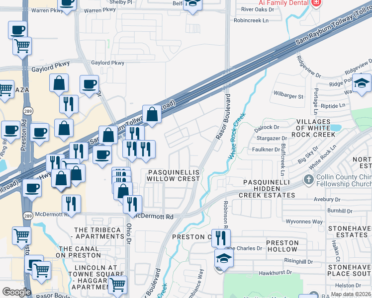 map of restaurants, bars, coffee shops, grocery stores, and more near 8733 Argentine Way in Plano