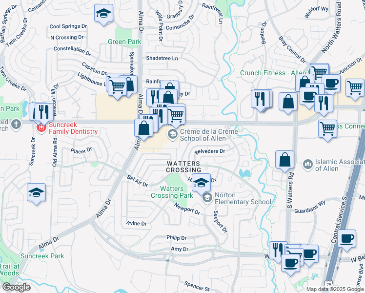 map of restaurants, bars, coffee shops, grocery stores, and more near 202 Fairfax Drive in Allen
