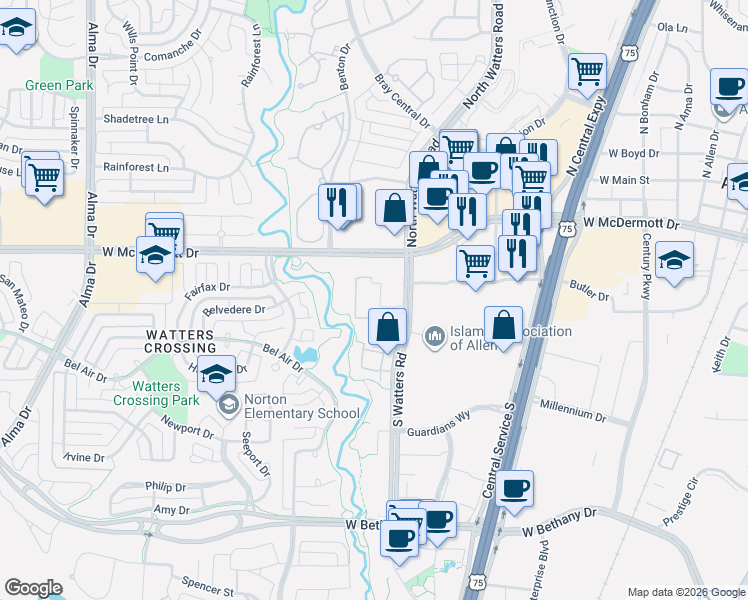 map of restaurants, bars, coffee shops, grocery stores, and more near 270 South Watters Road in Allen