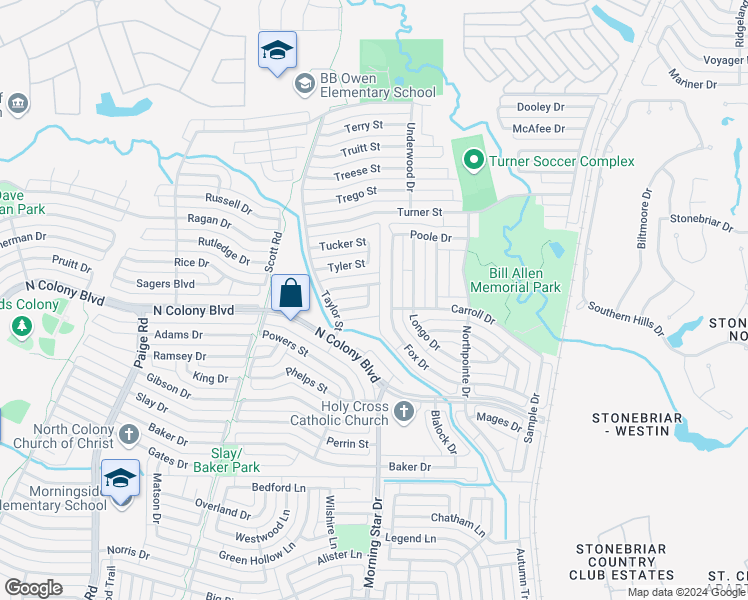 map of restaurants, bars, coffee shops, grocery stores, and more near 5633 Usher Street in The Colony