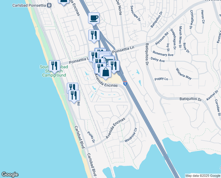 map of restaurants, bars, coffee shops, grocery stores, and more near 7233 San Bartolo Street in Carlsbad
