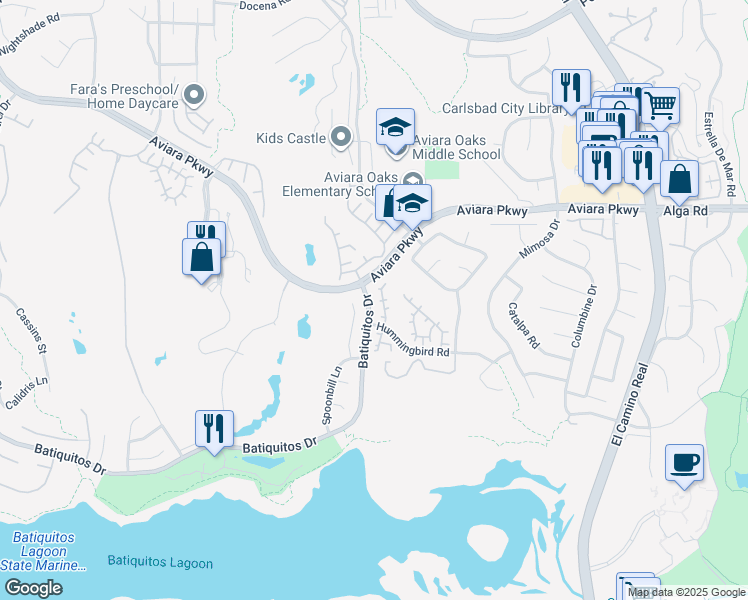 map of restaurants, bars, coffee shops, grocery stores, and more near 7139 Tanager Drive in Carlsbad