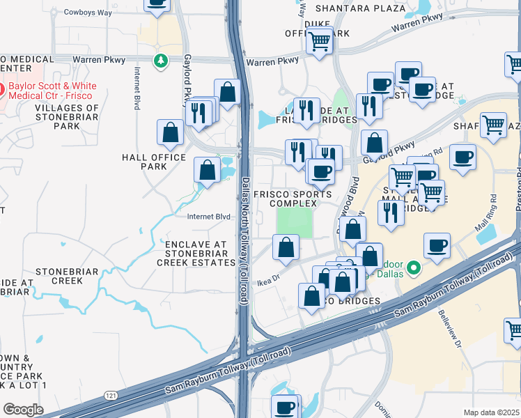 map of restaurants, bars, coffee shops, grocery stores, and more near 4854 Jadi Ln in Frisco