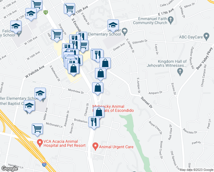 map of restaurants, bars, coffee shops, grocery stores, and more near 2000 South Escondido Boulevard in Escondido