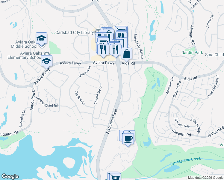 map of restaurants, bars, coffee shops, grocery stores, and more near 1855 Pentas Court in Carlsbad