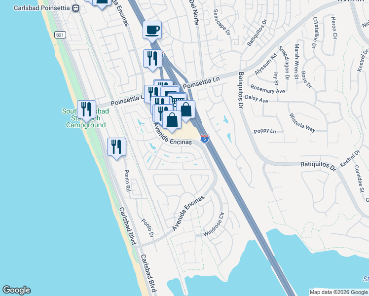 map of restaurants, bars, coffee shops, grocery stores, and more near 7302 San Benito in Carlsbad