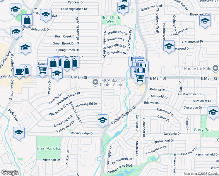 map of restaurants, bars, coffee shops, grocery stores, and more near 1021 Draycot Court in Allen