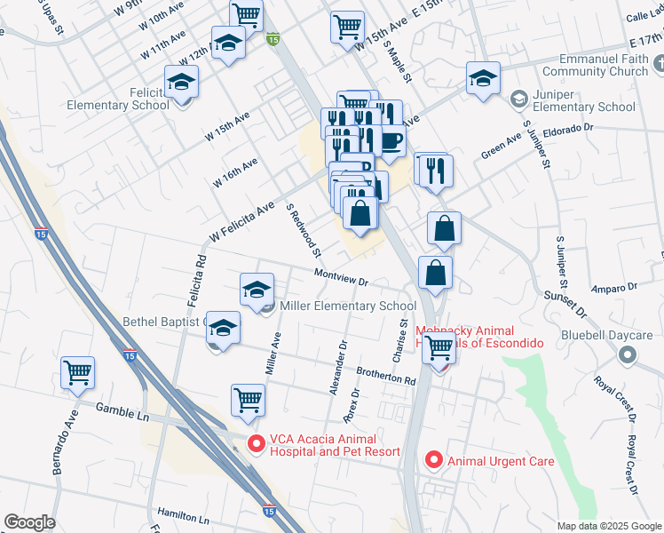 map of restaurants, bars, coffee shops, grocery stores, and more near 670 West Vermont Avenue in Escondido