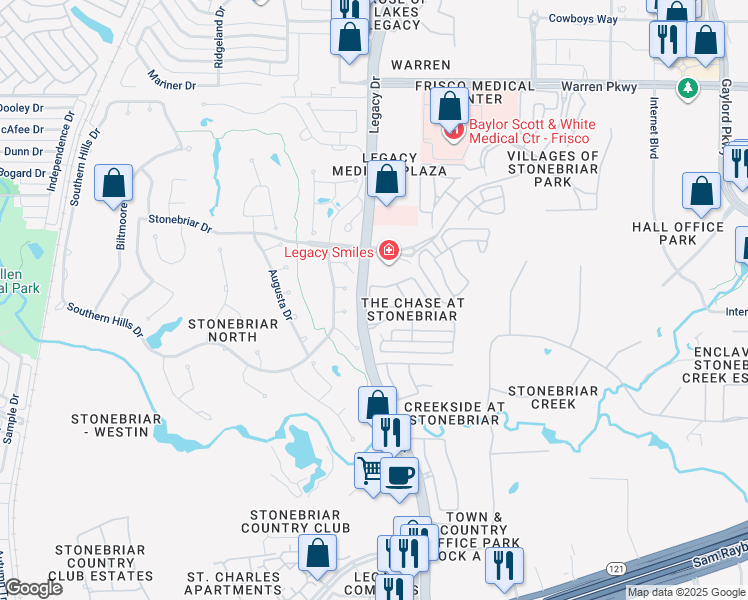 map of restaurants, bars, coffee shops, grocery stores, and more near 5314 Balmoral Drive in Frisco